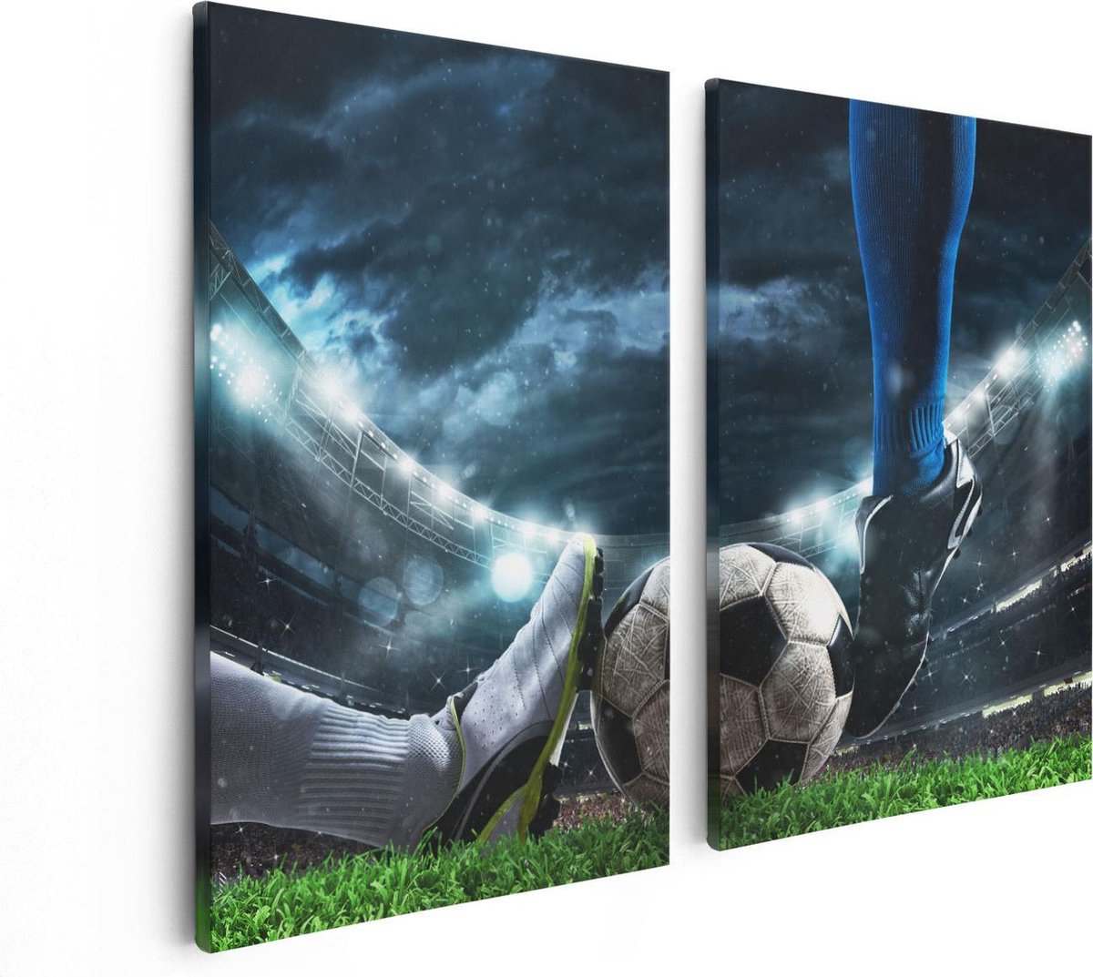 Artaza Canvas Schilderij Tweeluik Voetbal Sliding Op De Bal In Het Stadion - 80x60 - Foto Op Canvas - Canvas Print