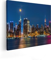 Artaza Canvas Schilderij Verlichte Skyline Van New York Met Volle Maan - 100x80 - Groot - Foto Op Canvas - Canvas Print