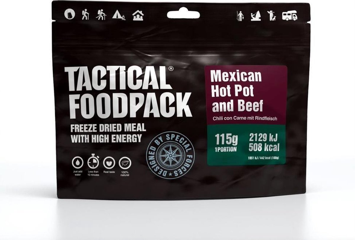 Tactical FoodPack Mexican Hot Pot and Beef (115g) - Mexicaanse hete schotel met rund - 508kcal - buitensportvoeding - vriesdroogmaaltijd - survival eten - prepper - 8 jaar houdbaar - lunch of avondmaaltijd