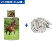 Dekbedovertrek voor Kinderen - Eenpersoons - 140x200/220cm - Inclusief 1 Kussensloop - 100% Versterkt Katoen - Rennend Paard + Wasbaar Microfiber Dekbed - 140x200cm - Wit