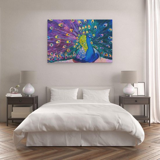 Artaza - Peinture sur toile - Paon avec des Ressorts colorées à l'huile - Abstrait - 120 x 80 - Groot - Photo sur toile - Impression sur toile