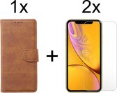 iPhone XR hoesje bookcase bruin apple wallet case portemonnee hoes cover hoesjes - 2x iPhone XR screenprotector