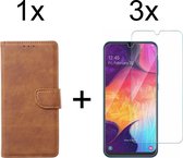 Samsung A70 Hoesje - Samsung Galaxy A70 hoesje bookcase bruin wallet case portemonnee hoes cover hoesjes - 3x Samsung A70 screenprotector