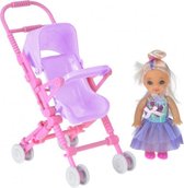 pop met poppenwagen 10 cm lila/roze