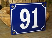 Emaille huisnummer 18x15 blauw/wit nr. 91