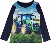 Jongens Shirt blauw met een groene stoere tractor maat 110/116