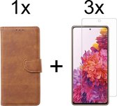 Samsung S20 FE Hoesje - Samsung Galaxy S20 FE hoesje bookcase bruin wallet case portemonnee hoes cover hoesjes - 3x Samsung S20 FE screenprotector
