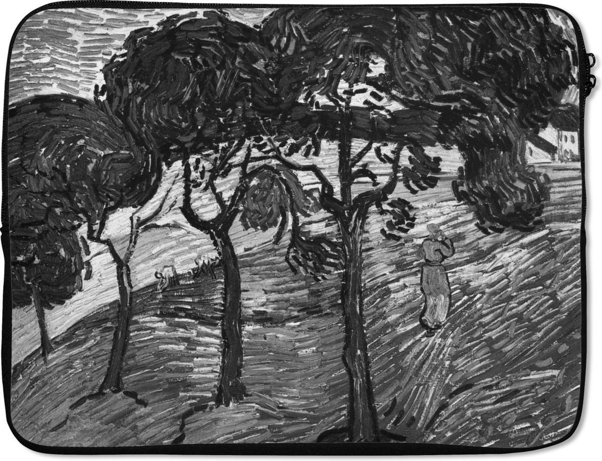 Laptophoes 15.6 inch - Landschap met figuren - Vincent van Gogh - Zwart - Wit - Laptop sleeve - Binnenmaat 37x26 cm - Zwarte achterkant