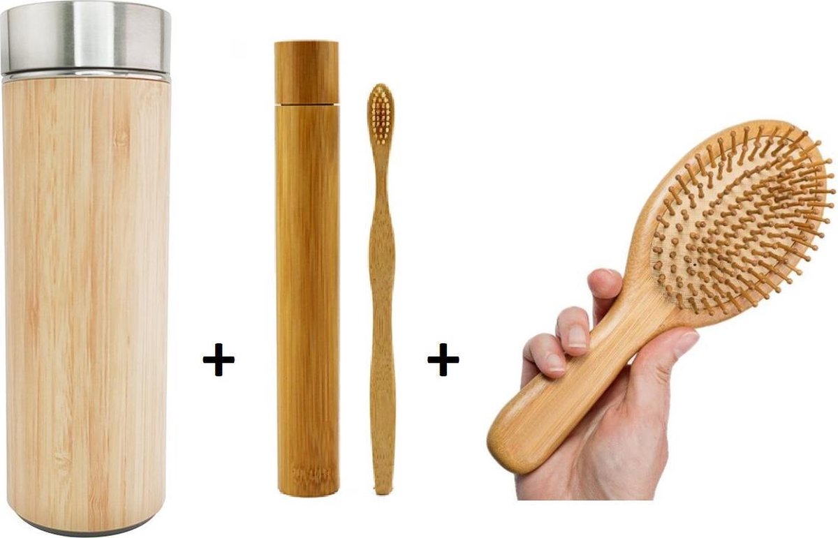 BAMBOOJU Inox bamboe thermos (met infuser) + tandenborstel + haarkam - set van 3 - bamboe