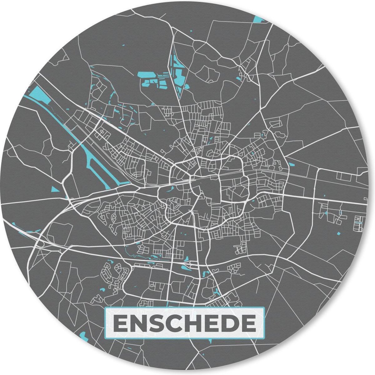 Muismat rond 20x20 cm - Mousepad Stadskaart - Enschede - Grijs - Blauw - Ronde muismatten