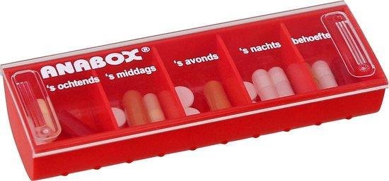 Boîte à pilules rouge avec 7 compartiments, chacun avec jour et indication de l'heure.