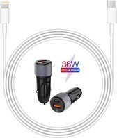 Dual USB-C en USB-A Autolader 36W + 1M USB-C Lightning Kabel voor Apple iPhone 12 / 12 Pro / 12 Mini / 12 Pro Max