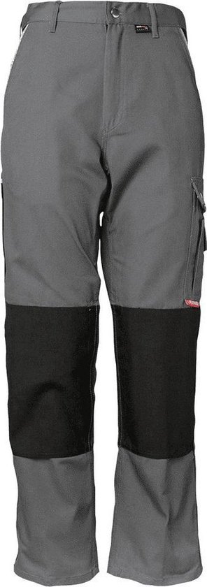 Pantalon de travail gris avec genouillères et poches noires.