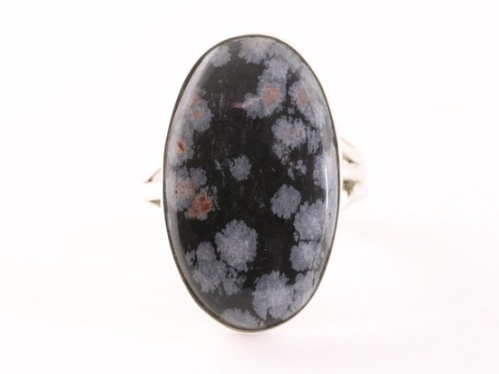 Grande bague ovale en argent avec obsidienne flocon de neige - taille 18
