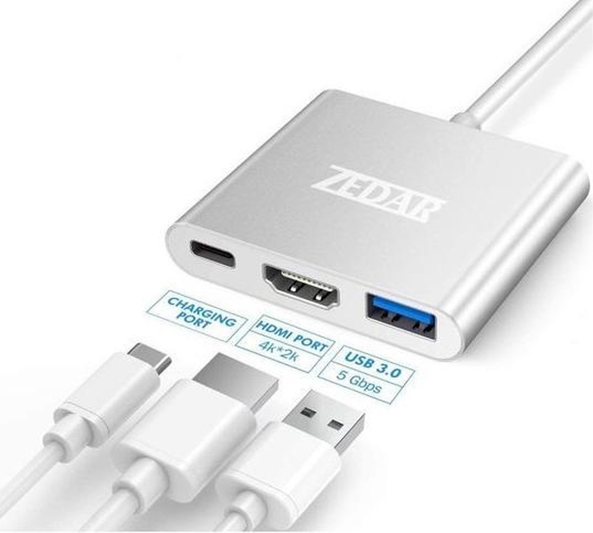 USB C Hub 3 in 1 | van USB-C naar HDMI, USB 3.0 & USB-C van ZEDAR®
