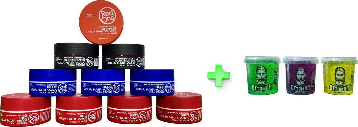 10-pack Voordeelbundel Red One Aqua Hair Wax 4x Red + 3x Blue + 2x Quicksilver + 1x Orange 150ml + 3 stuks Topkwaliteit Ottoman Ultra Strong Hair Gel 150ml - RedOne - Extra voordelig - Haargel - Haarwax – Sterke Hold - Kapperskwaliteit