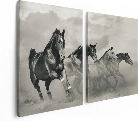 Artaza Canvas Schilderij Tweeluik Vier Paarden Naast Elkaar - Zwart Wit - 120x80 - Foto Op Canvas - Canvas Print