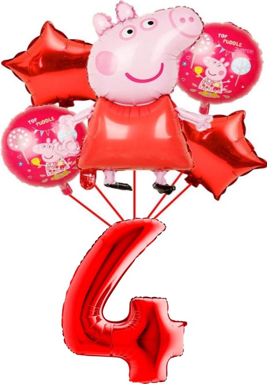 Peppa Pig - Big - Peppa folie ballonnen - set van 6 - rode ballonnen - 81 cm - groot getal ballon -  4 jaar - verjaardag