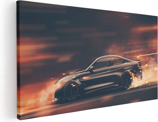 Artaza Canvas Schilderij Zwarte Sportwagen Auto Met Vlammen - 60x30 - Foto Op Canvas - Canvas Print