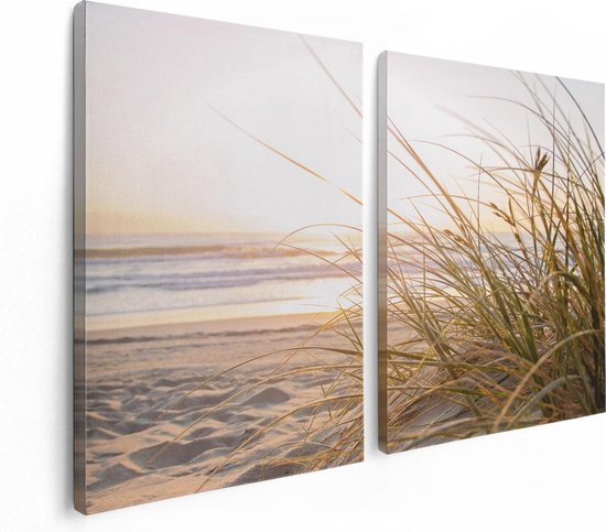 Artaza Canvas Schilderij Tweeluik Strand En Duinen Tijdens Zonsondergang - 120x80 cm - Wanddecoratie Woonkamer - Schilderijen - Muurdecoratie