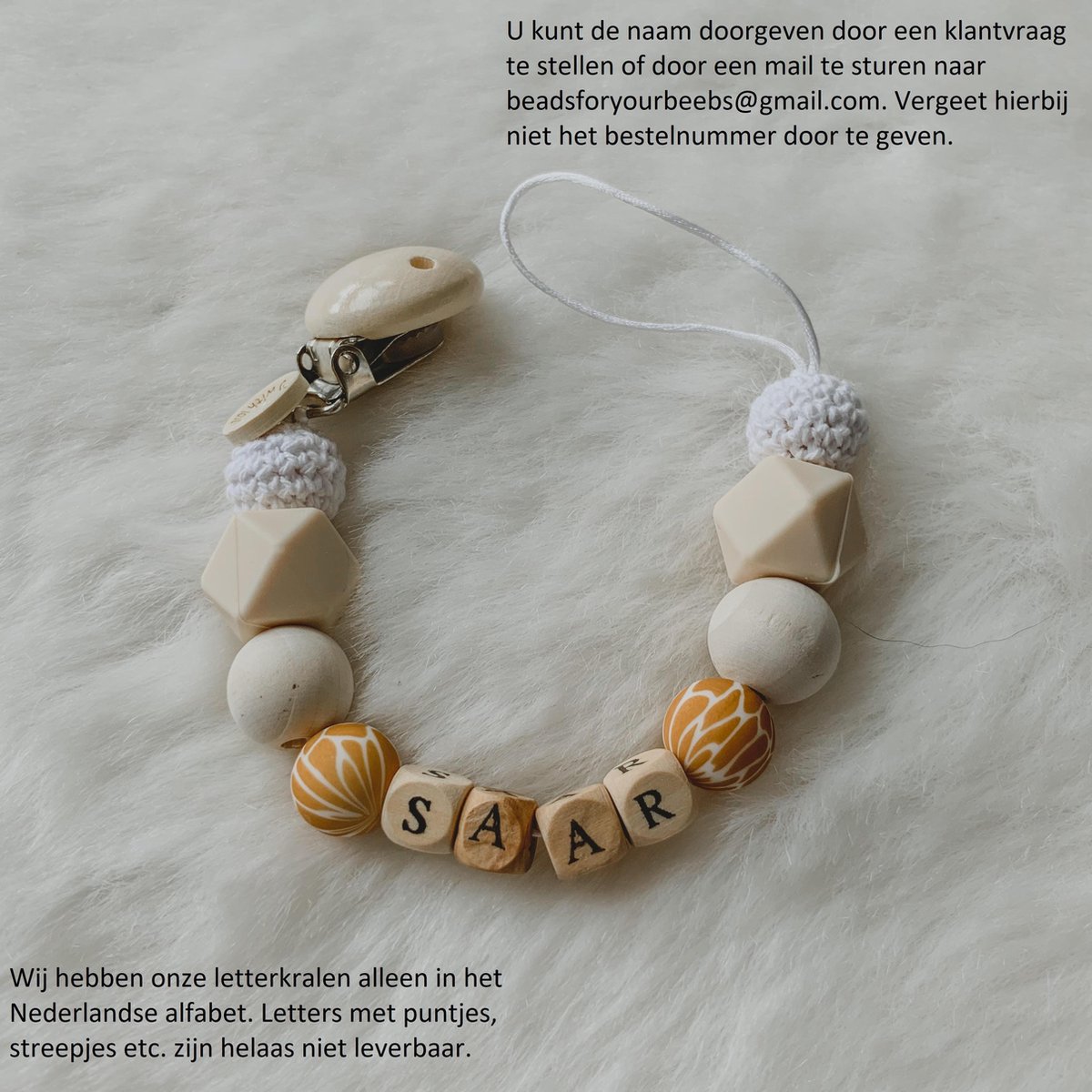Goedkoopste Babybeads - Speenkoord - Neutrale kleurtjes met Giraffeprint - Gepersonaliseerd kraamcadeau