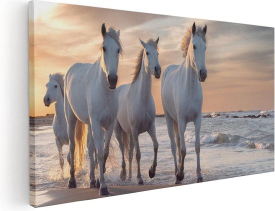 Artaza - Peinture sur toile - Paarden Witte sur la plage près de l' Water - 60x30 - Photo sur toile - Impression sur toile