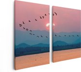 Artaza Canvas Schilderij Tweeluik Silhouet Van Zwerm Vogels Bij Zonsondergang - 80x60 - Foto Op Canvas - Canvas Print