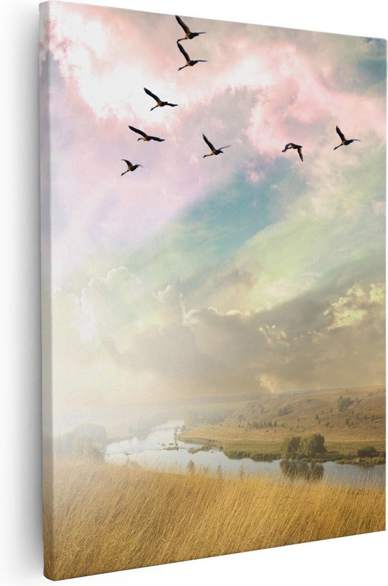 Artaza - Canvas Schilderij - Groep Vogels Vliegen Boven Het Gras - Foto Op Canvas - Canvas Print