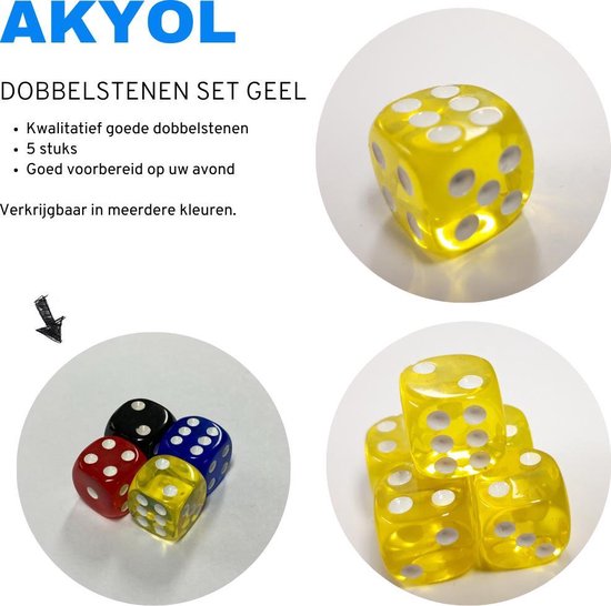 Thumbnail van een extra afbeelding van het spel Akyol® Vijf gekleurde dobbelstenen | Set 5 | Dobbelsteenbak | Normale dobbelstenen | Gekleurde dobbelstenen | Geel witte | Dices | Polydice