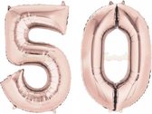 50 Jaar Folie Ballonnen Rosé Goud - Happy Birthday - Foil Balloon - Versiering - Verjaardag - Man / Vrouw - Feest - Inclusief Opblaas Stokje & Clip - XXL - 115 cm