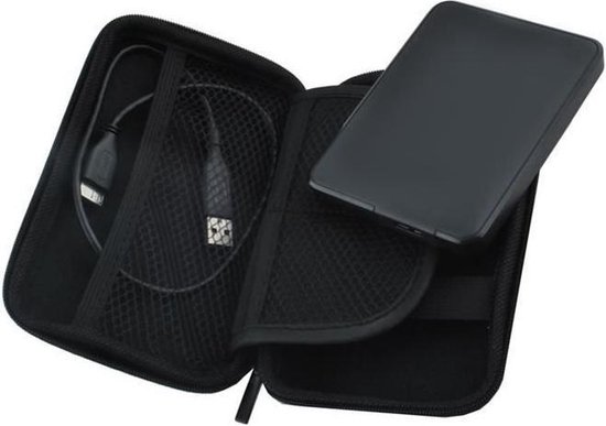 Zwarte harddiskcase, open, met een harde schijf en USB-kabel erin.
