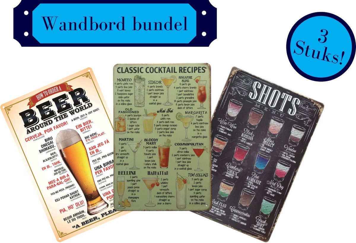 Mancave Wandborden - Wandbord Bier Cocktails Shotjes Multipack - Wanddecoratie - Mancave - Wanddecoratie Metaal - Mancave Decoratie - Sfeervol/Decoratief/Nuttig - Inclusief Ophang Gaatjes - 30cm x 20cm - Leuk als Cadeau