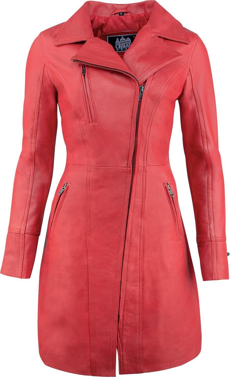 Urban 5884® - Janice - Dames - Lange Leren Jas - Lamsleer - Schuine ritssluiting - Rood - Maat 2XL