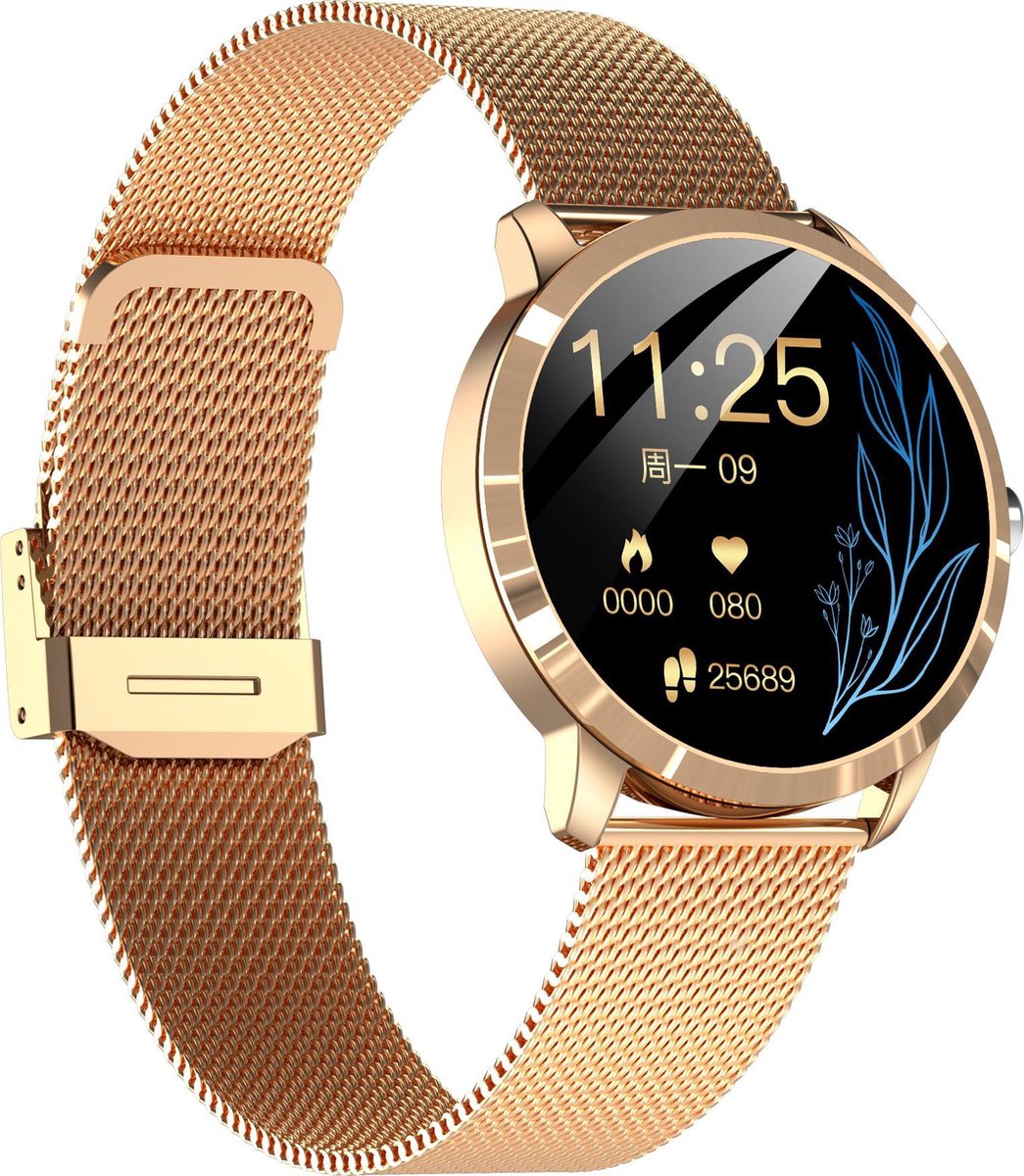 Belesy® Q8LG 2022 - Smartwatch Dames – Smartwatch Heren - Horloge- 1.09 inch - Kleurenscherm - Stappenteller - Bloeddruk - Hartslag - 75+ Wijzerplaten – Sporten - Staal – Rosé Goud