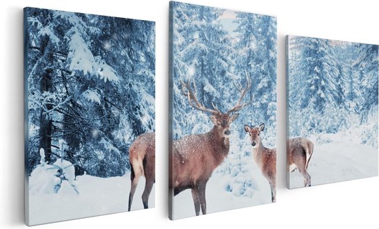 Artaza Canvas Schilderij Drieluik Twee Herten In Het Bos Met Sneeuw - 120x60 - Foto Op Canvas - Canvas Print