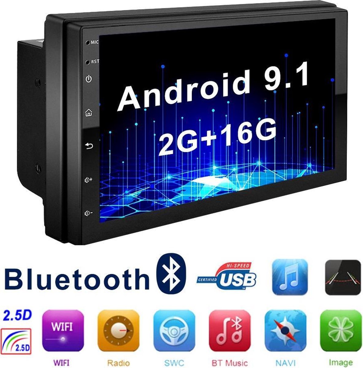 TechU™ Autoradio T127 – 2 Din – 7.0 inch Touchscreen Monitor – FM radio – Bluetooth & Wifi – USB – SD – Handsfree bellen – GPS Navigatie – Android 9.1 – 2G RAM + 16G ROM