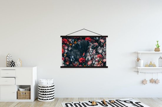 Porte-affiche avec affiche - Affiche scolaire - Cheval - Fleurs - Zwart - 150x100 cm - Lattes noires