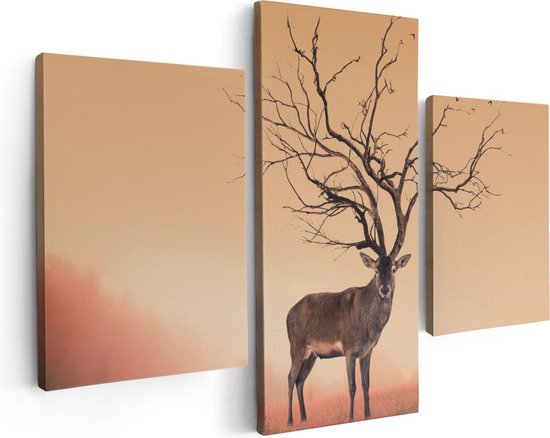 Artaza Canvas Schilderij Drieluik Hert Met Een Bomen Gewei - 90x60 - Foto Op Canvas - Canvas Print