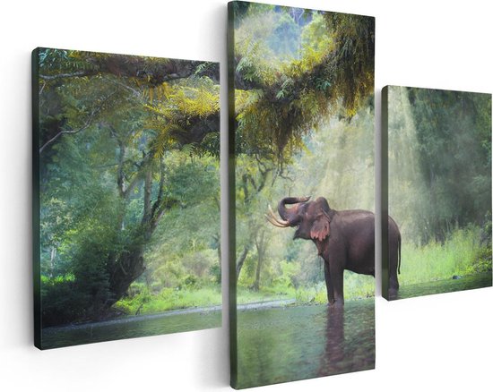 Artaza Canvas Schilderij Drieluik Vrolijke Olifant In Het Water - 90x60 - Foto Op Canvas - Canvas Print
