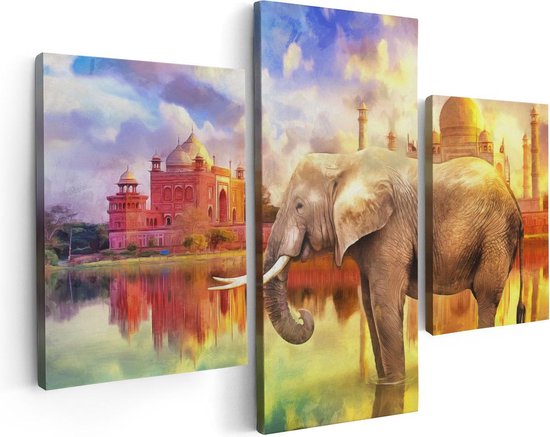 Artaza - Triptyque de peinture sur toile - Éléphant dessiné au Taj Mahal - Abstrait - 90x60 - Photo sur toile - Impression sur toile