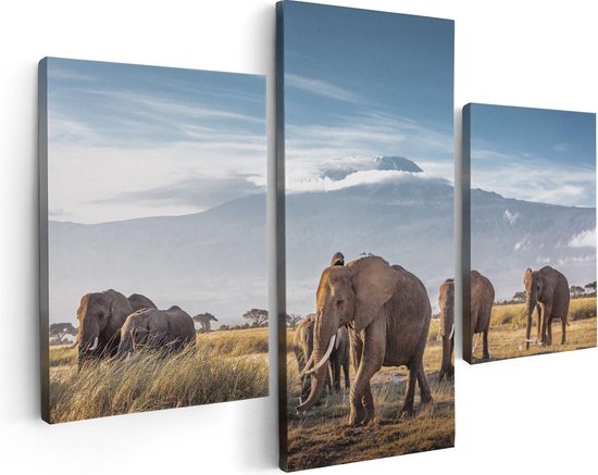 Artaza - Triptyque de peinture sur toile - Groupe d'éléphants marchant devant les Montagnes - 90x60 - Photo sur toile - Impression sur toile