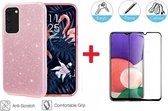 2-In-1 Screenprotector Glitter Hoesje Bescherming Set Geschikt Voor Samsung Galaxy A22 5G (6.6 Inch) - Full Cover 3D Edge Tempered Glass Screen Protector Met Siliconen Back Bumper Hoes Cover 