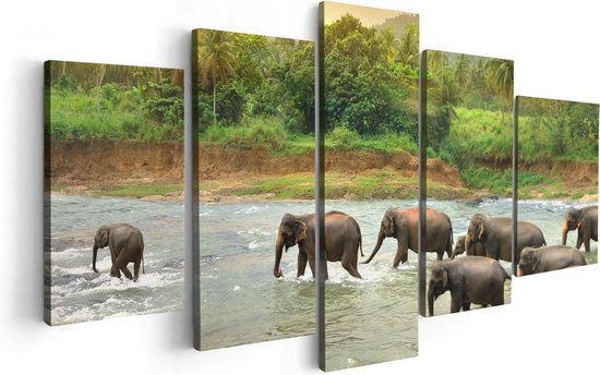 Pentaptyque Artaza - Peinture sur toile - Troupeau d'éléphants dans l' Water - 100x50 - Photo sur toile - Impression sur toile