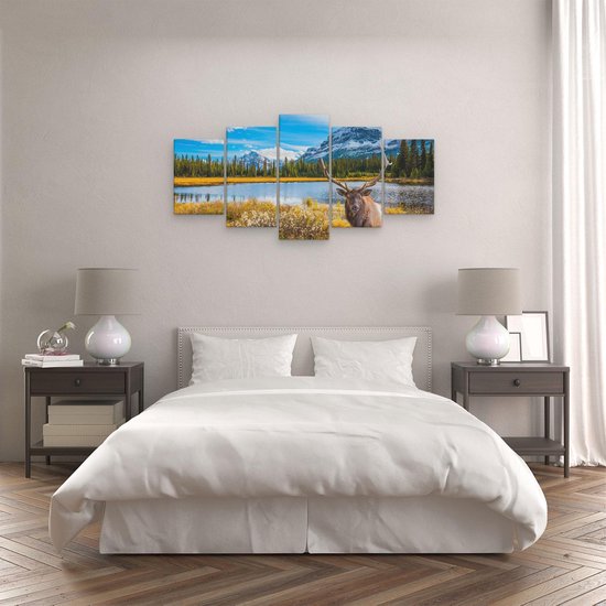 Pentaptyque Artaza - Peinture sur toile - Cerf dans les Montagnes au bord d'un lac - 100x50 - Photo sur toile - Impression sur toile