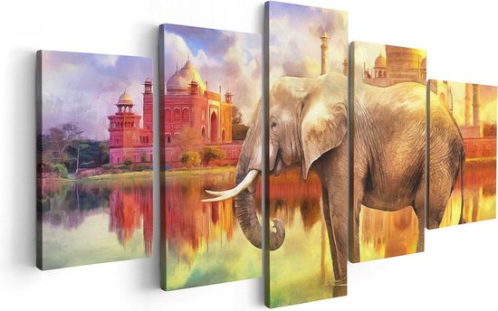 Artaza Canvas Schilderij Vijfluik Getekende Olifant Bij Taj Mahal - Abstract - 100x50 - Foto Op Canvas - Canvas Print