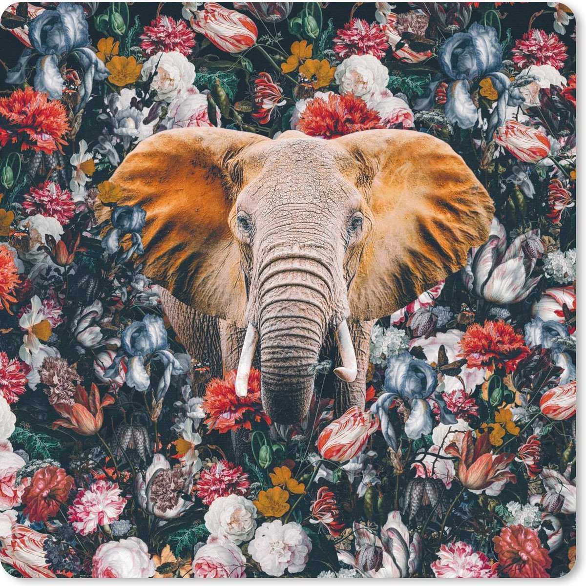 Muismat 20x20 cm - Mousepad Olifant - Bloemen - Kop - Muismatten