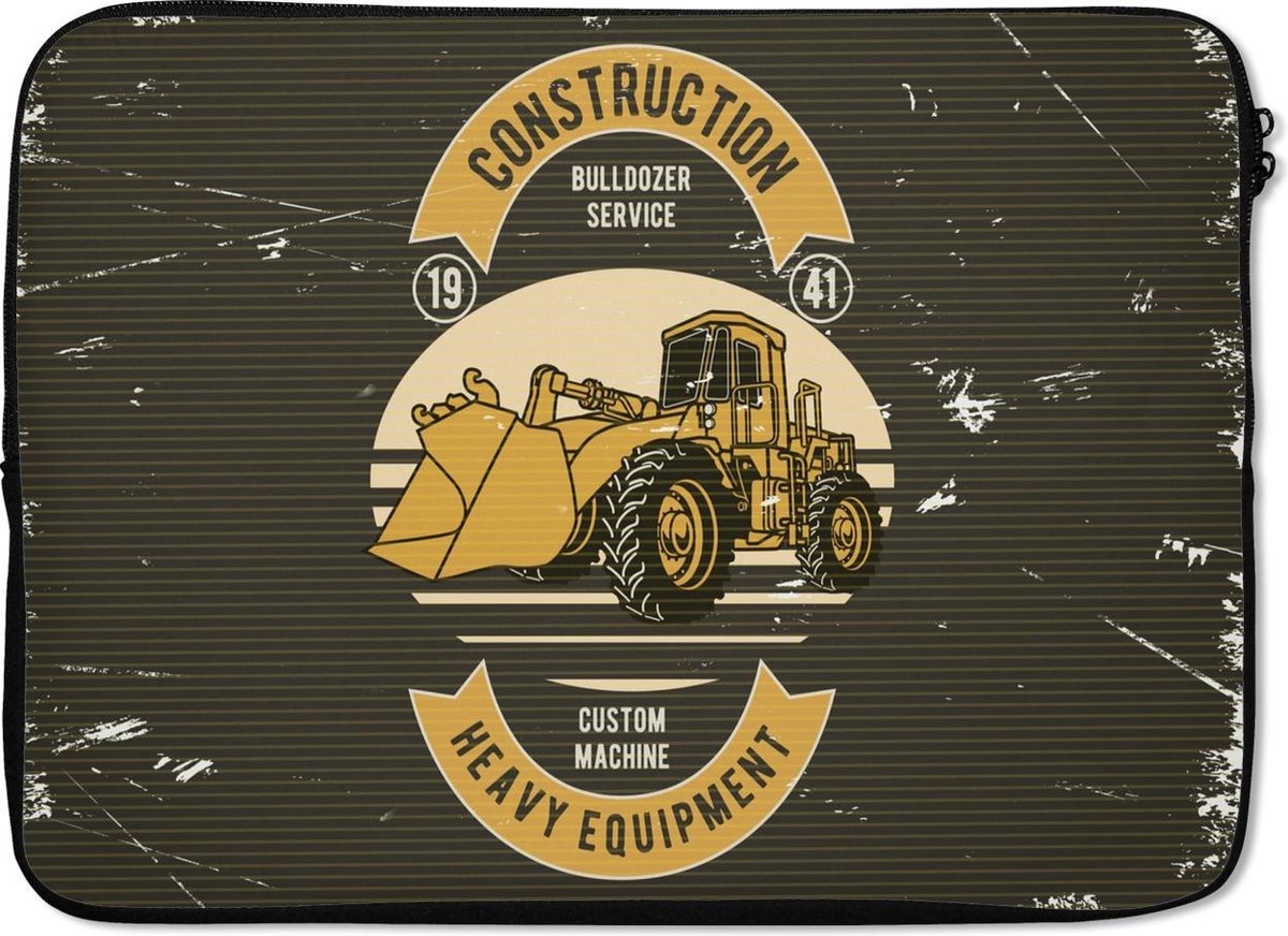 Laptophoes 14 inch - Bulldozer - Geel - Tekening - Retro - Laptop sleeve - Binnenmaat 33x23 cm - Zwarte achterkant
