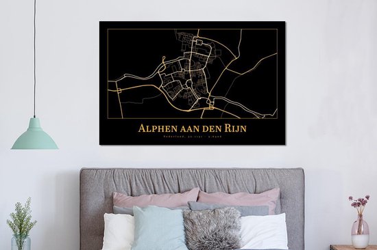 Décoration murale Métal - Aluminium - Carte - Alphen aan den Rijn - Zwart - Or - 150x100 cm