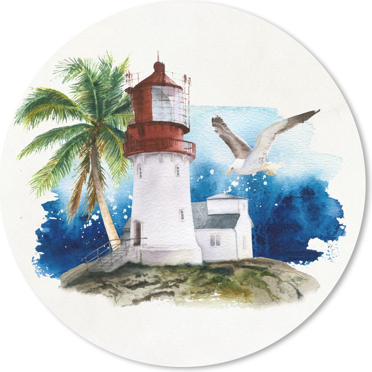 Muismat rond 20x20 cm - Mousepad Vuurtoren - Vogel - Waterverf - Ronde muismatten