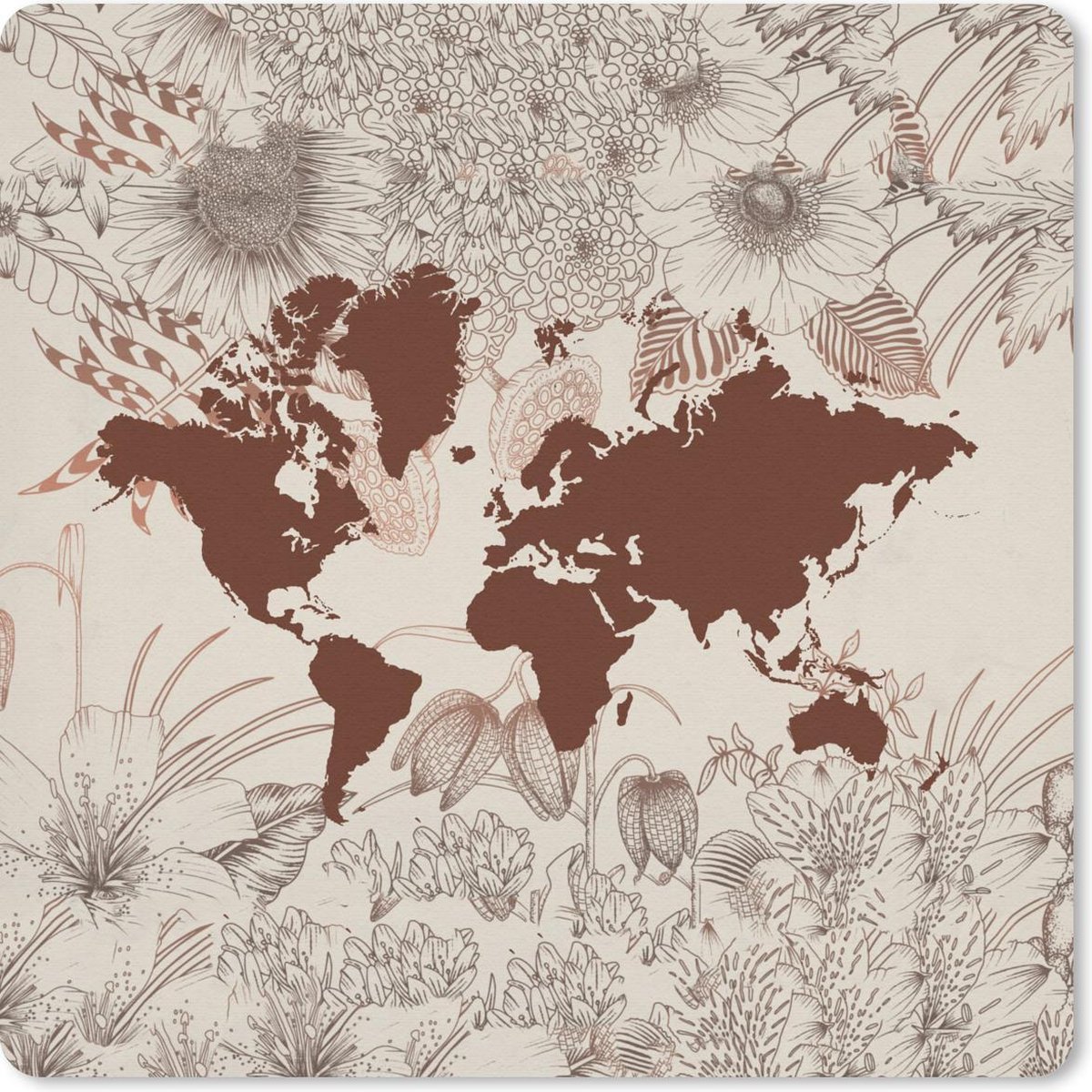 Muismat 30x30 cm - Mousepad Wereldkaart - Bloemen - Rood - Muismatten